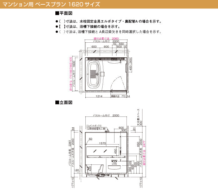 Panasonic マンションリフォーム用システムバスルーム リフォムス ベースプラン 1620サイズ 寸法図