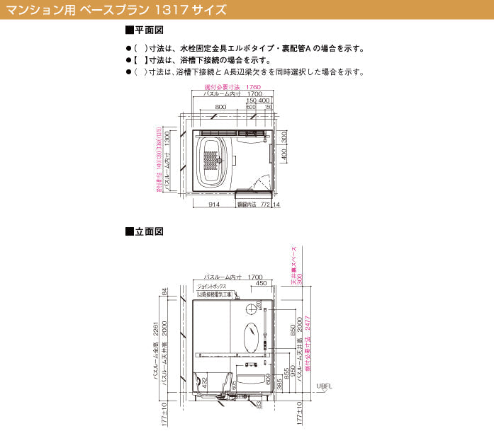 Panasonic マンションリフォーム用システムバスルーム リフォムス ベースプラン 1317サイズ 寸法図