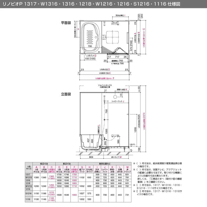 LIXIL マンションリフォーム用システムバスルーム リノビオP 1218サイズ 標準仕様 寸法図