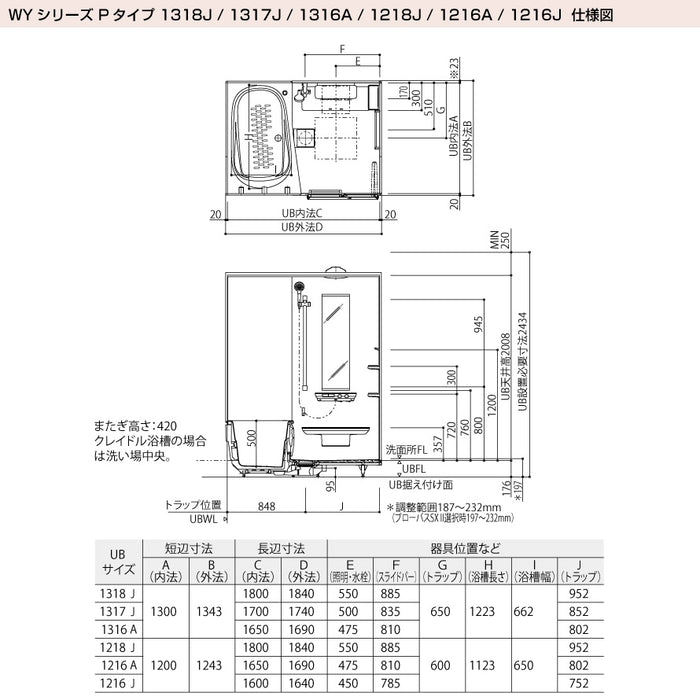 TOTO システムバスルーム マンションリモデルバスルーム：ひろがるWYほっカラリ床シリーズ Pタイプ 1317Jサイズ 基本仕様 マンションリモデル用