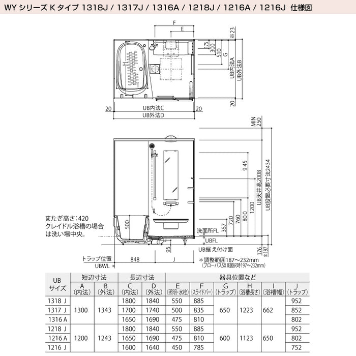 TOTO システムバスルーム マンションリモデルバスルーム：ひろがるWYほっカラリ床シリーズ Kタイプ 1317Jサイズ 基本仕様 マンションリモデル用