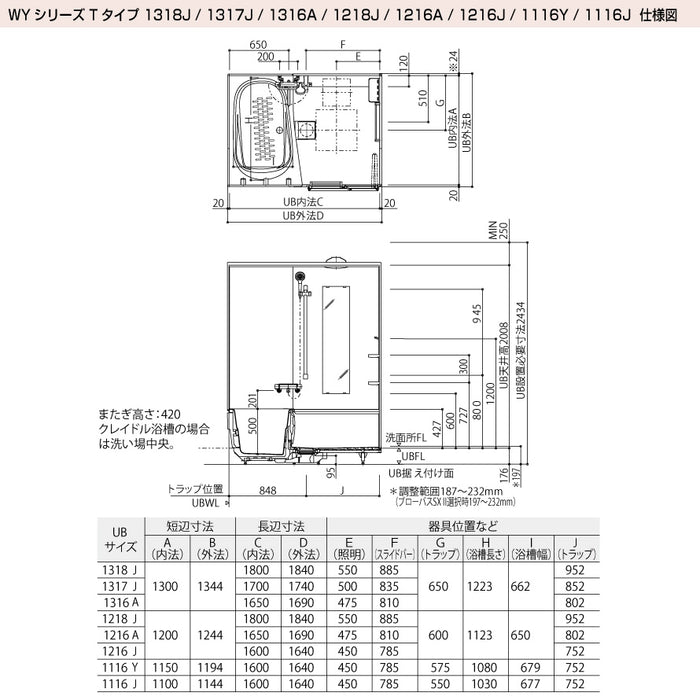 TOTO システムバスルーム マンションリモデルバスルーム：ひろがるWYほっカラリ床シリーズ Tタイプ 1116Jサイズ 基本仕様 マンションリモデル用