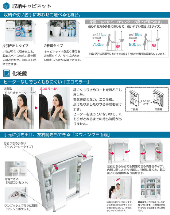 TOTO 洗面化粧台 Aシリーズ 収納キャビネット エコミラー スウィング3面鏡